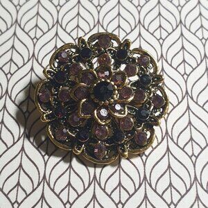 Vintage Gold Tone Purple Violet Floral Brooch Rhinestones Costume Women Jewelry